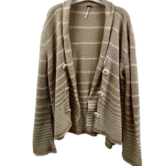 Free People Women's Striped Cardigan Sweater Beige/White Button Front Wool Blend - Picture 1 of 6